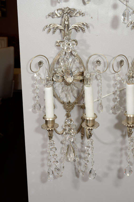 Pair of 19th Century Silver Leaf and Crystal Sconces