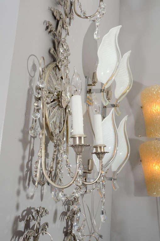 20th Century Pair of 19th Century Silver Leaf and Crystal Sconces