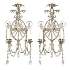 Pair of 19th Century Silver Leaf and Crystal Sconces