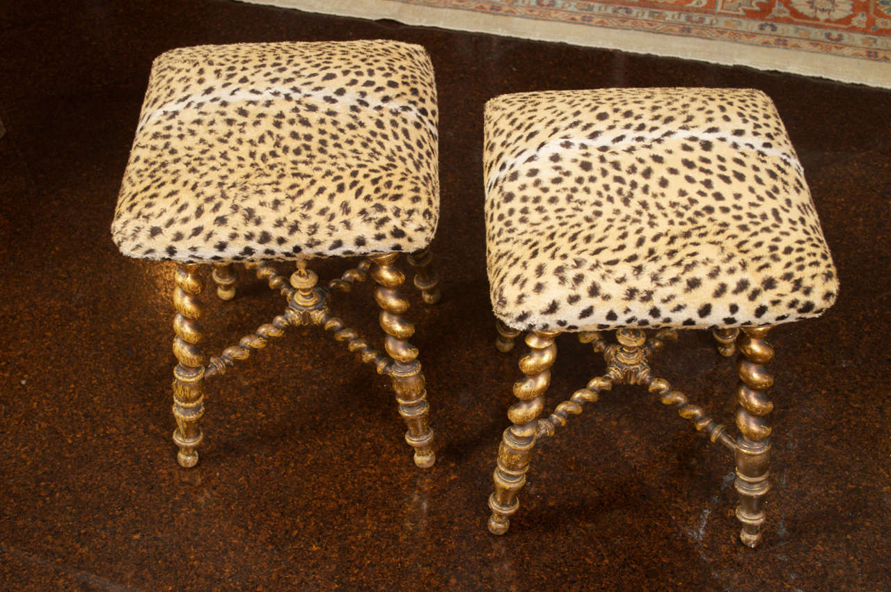 Pair of gilded barley twist stools, French circa 1880 In Good Condition In San Francisco, CA