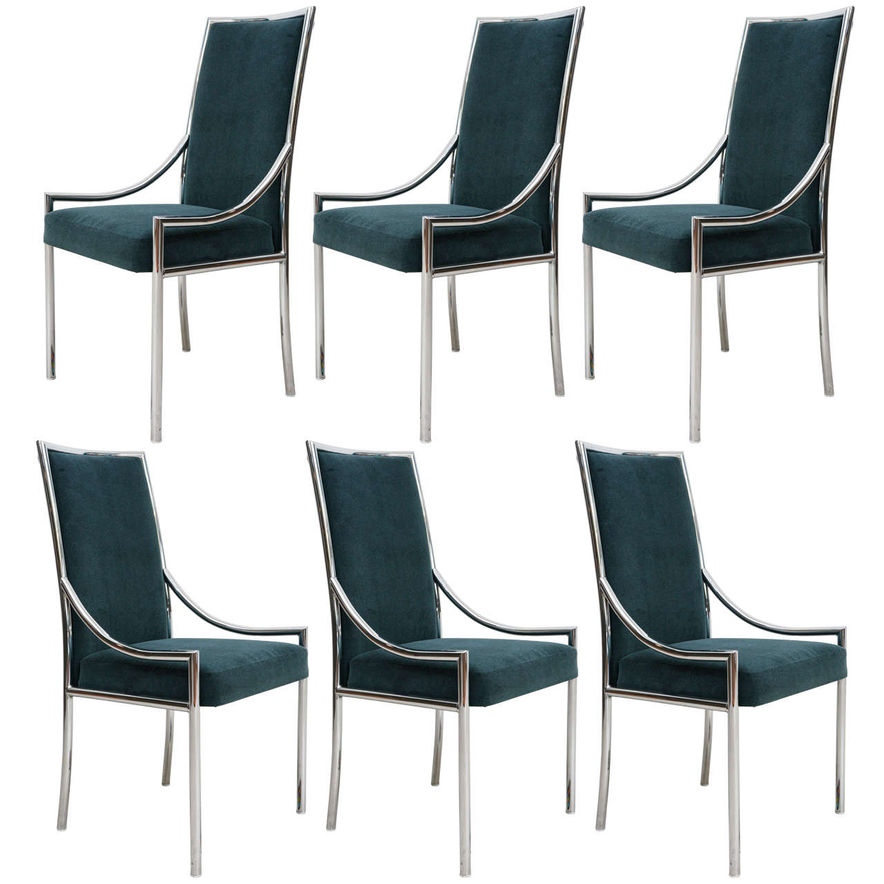 Set of Six Chrome and Velvet Dining Chairs