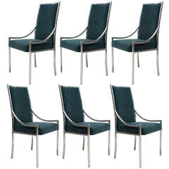 Set of Six Chrome and Velvet Dining Chairs