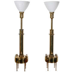 Pair of Brass Stiffle Lamps w/ glass diffusers