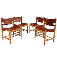 Set of Four Rare Børge Mogensen Leather and Oak Dining Chairs