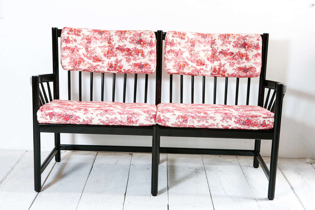 Black Lacquer and Toile de Jouy Upholstered Windsor Style Bench