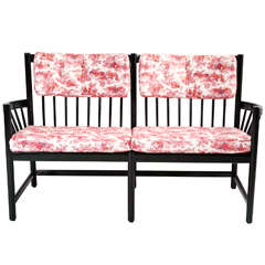 Vintage Black Lacquer and Toile de Jouy Upholstered Windsor Style Bench