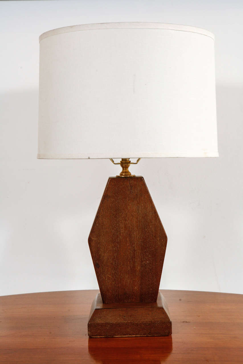 Quaint mid-century lamp with geometric wood base. Newly rewired with brown silk twist cord. 

White linen drum shade sold separately: $57
Shade measures 12