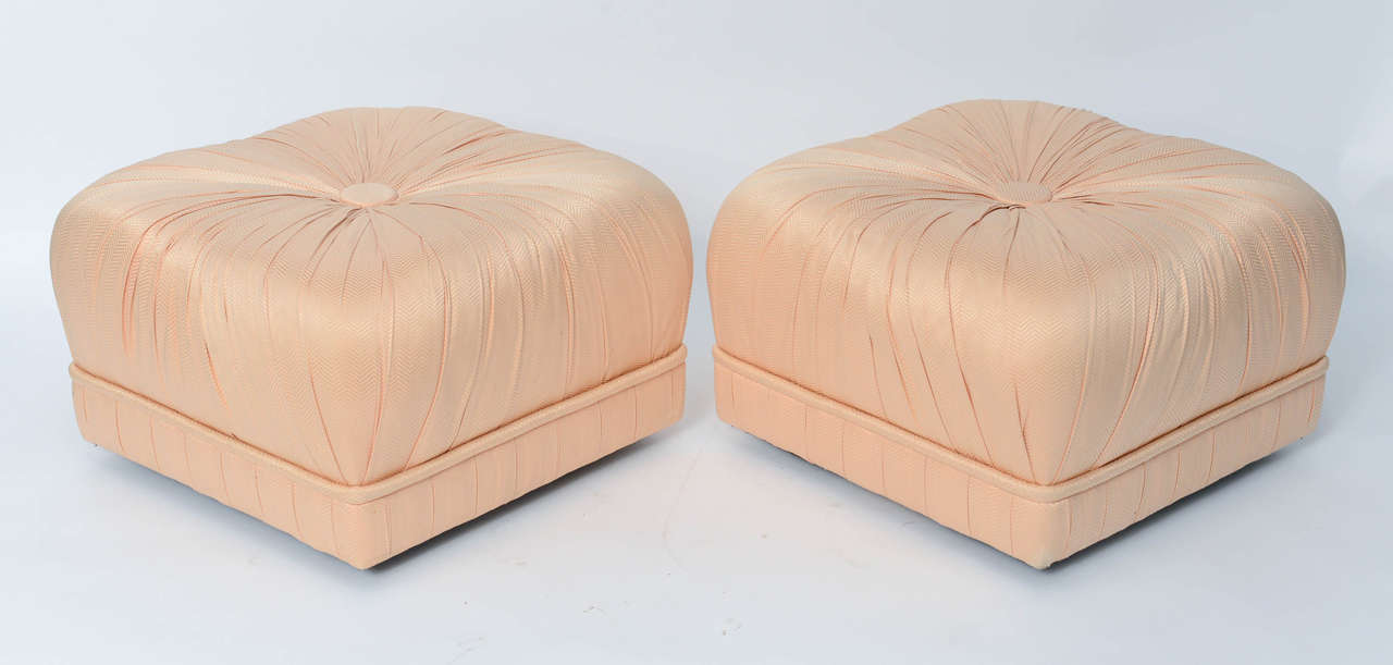 Late 20th Century Luxe Pair of Hollywood Poufs or Ottomans on Casters