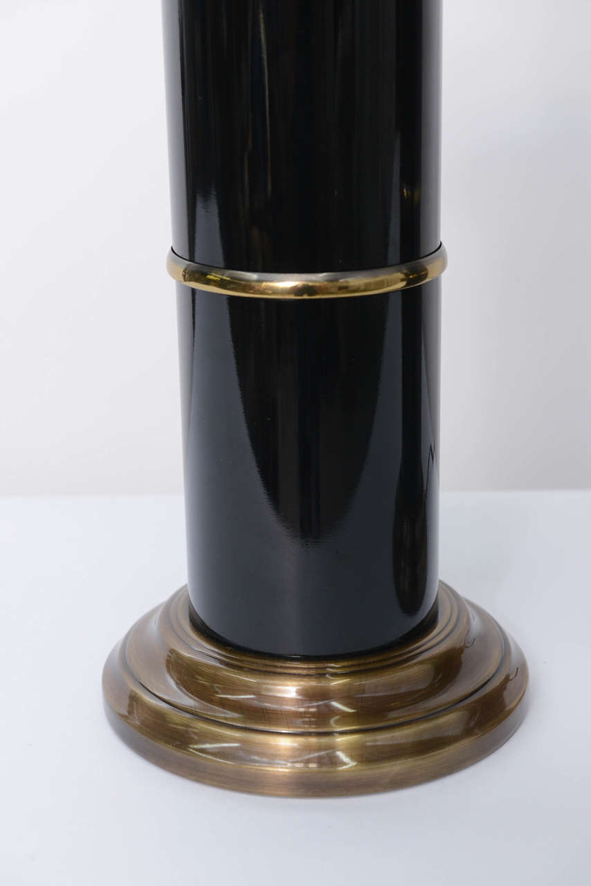 Sleek Modern Empire Style Brass and Black Lacquer Columnar Table Lamps In Good Condition In Miami, FL