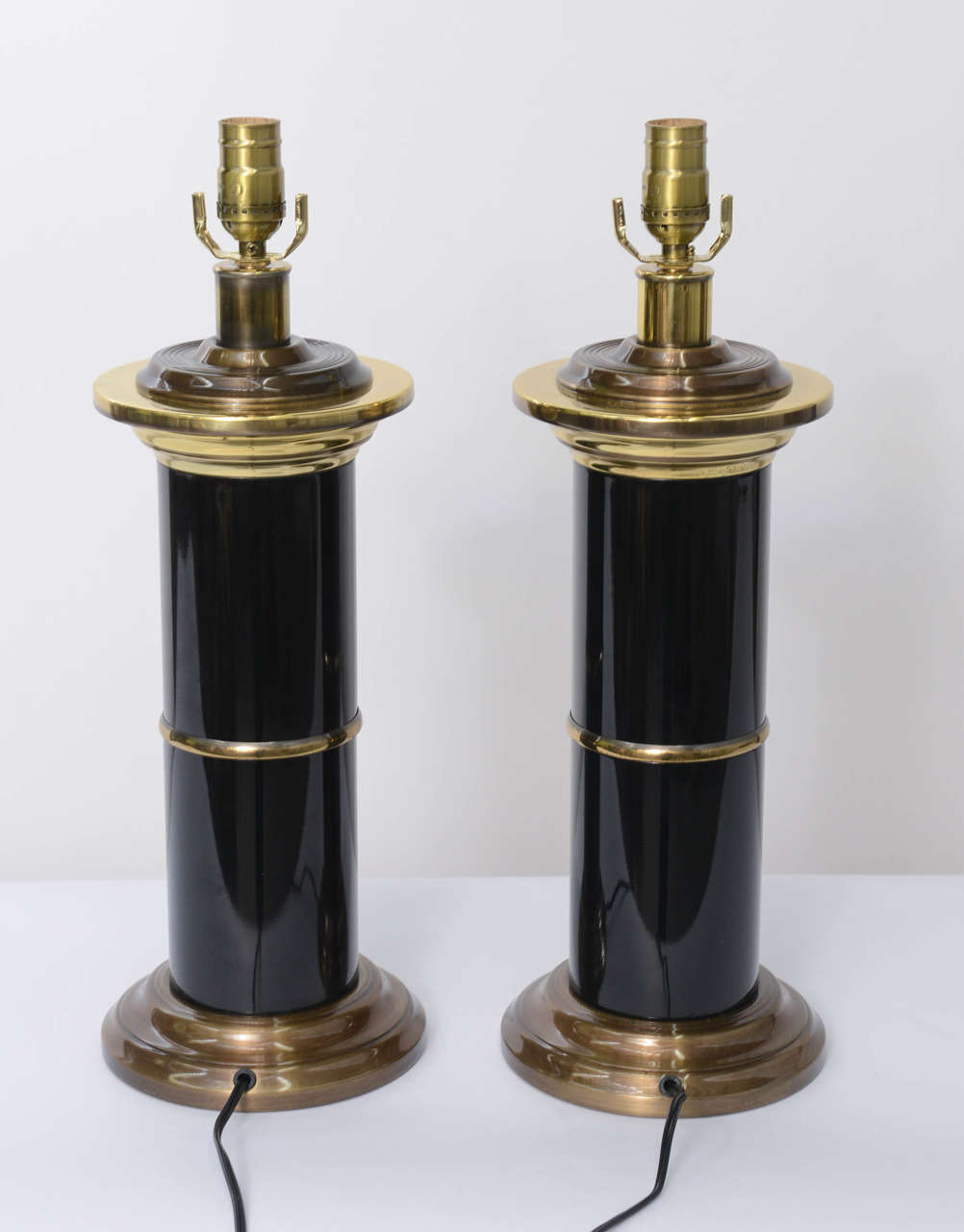 Sleek Modern Empire Style Brass and Black Lacquer Columnar Table Lamps 1