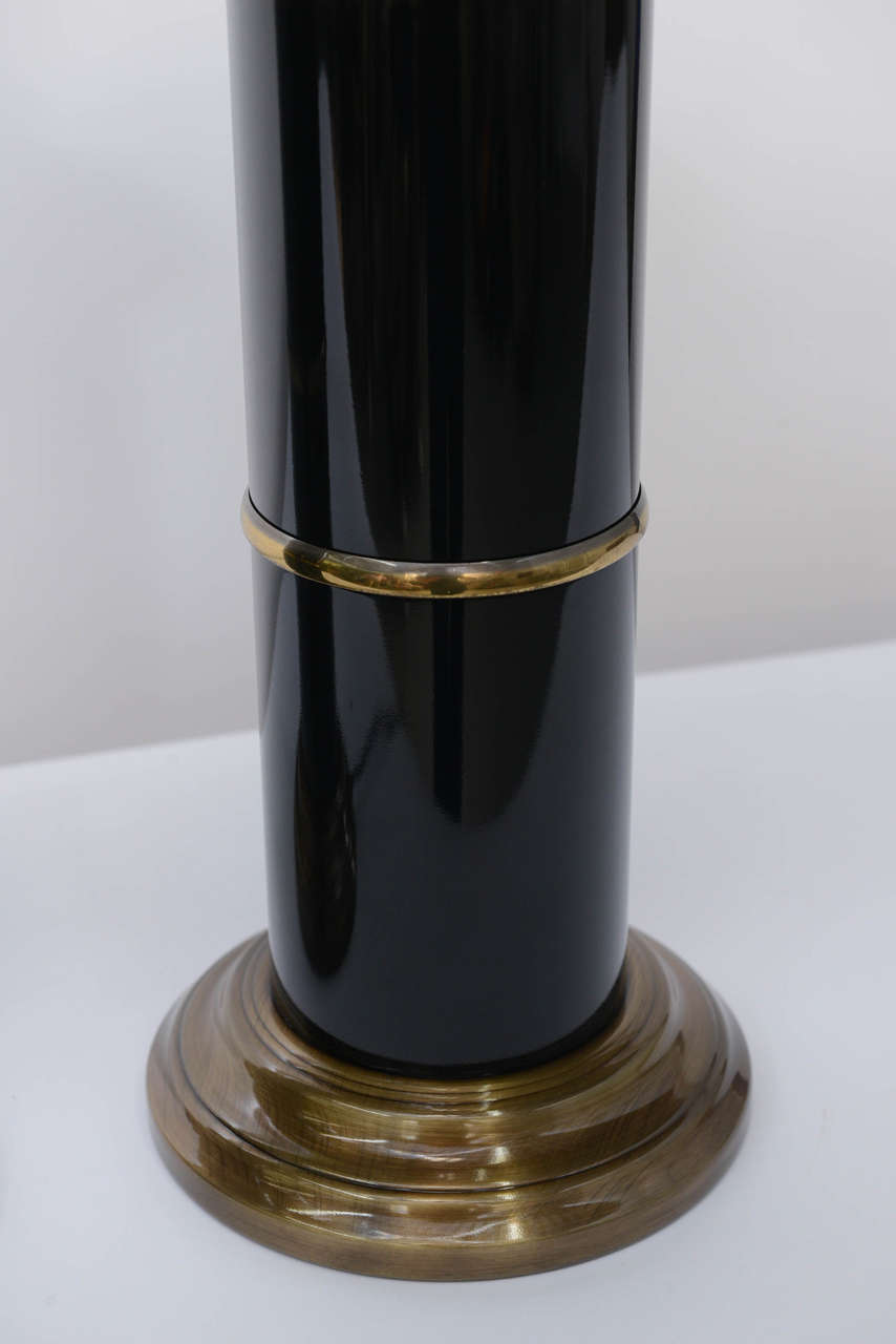 Sleek Modern Empire Style Brass and Black Lacquer Columnar Table Lamps 5