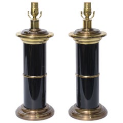 Sleek Modern Empire Style Brass and Black Lacquer Columnar Table Lamps