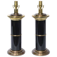 Sleek Modern Empire Style Brass and Black Lacquer Columnar Table Lamps 7