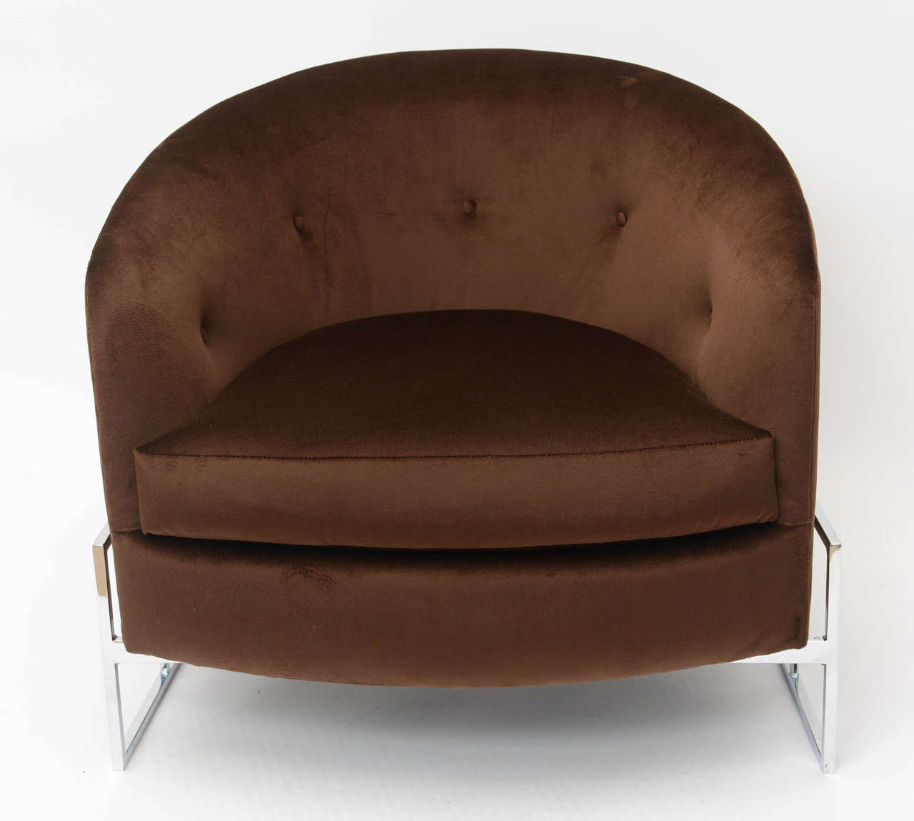 Milo Baughman barrel back with chrome and silk velvet single chair.