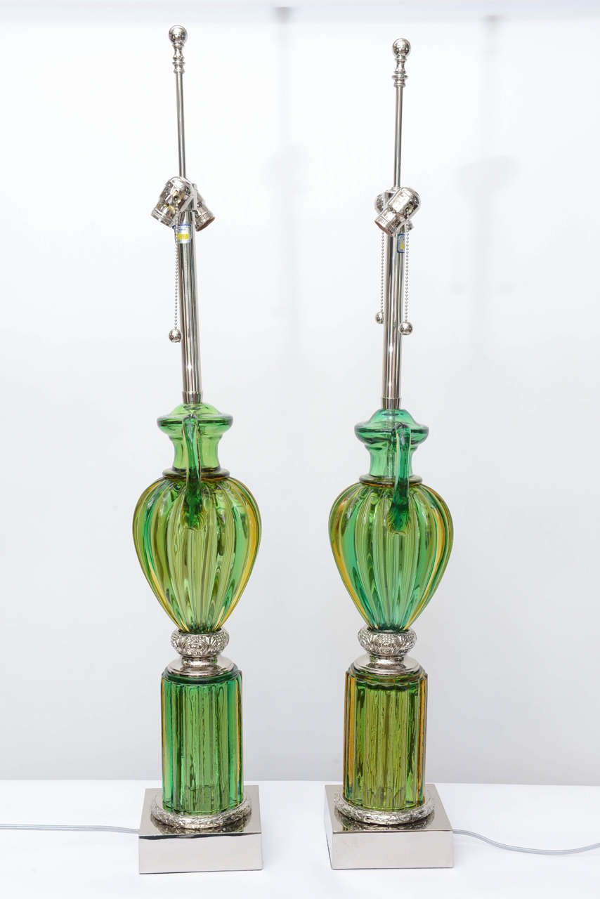 Mid-20th Century Pair of Vintage Murano Emerald Green Glass Lamps by Marbro