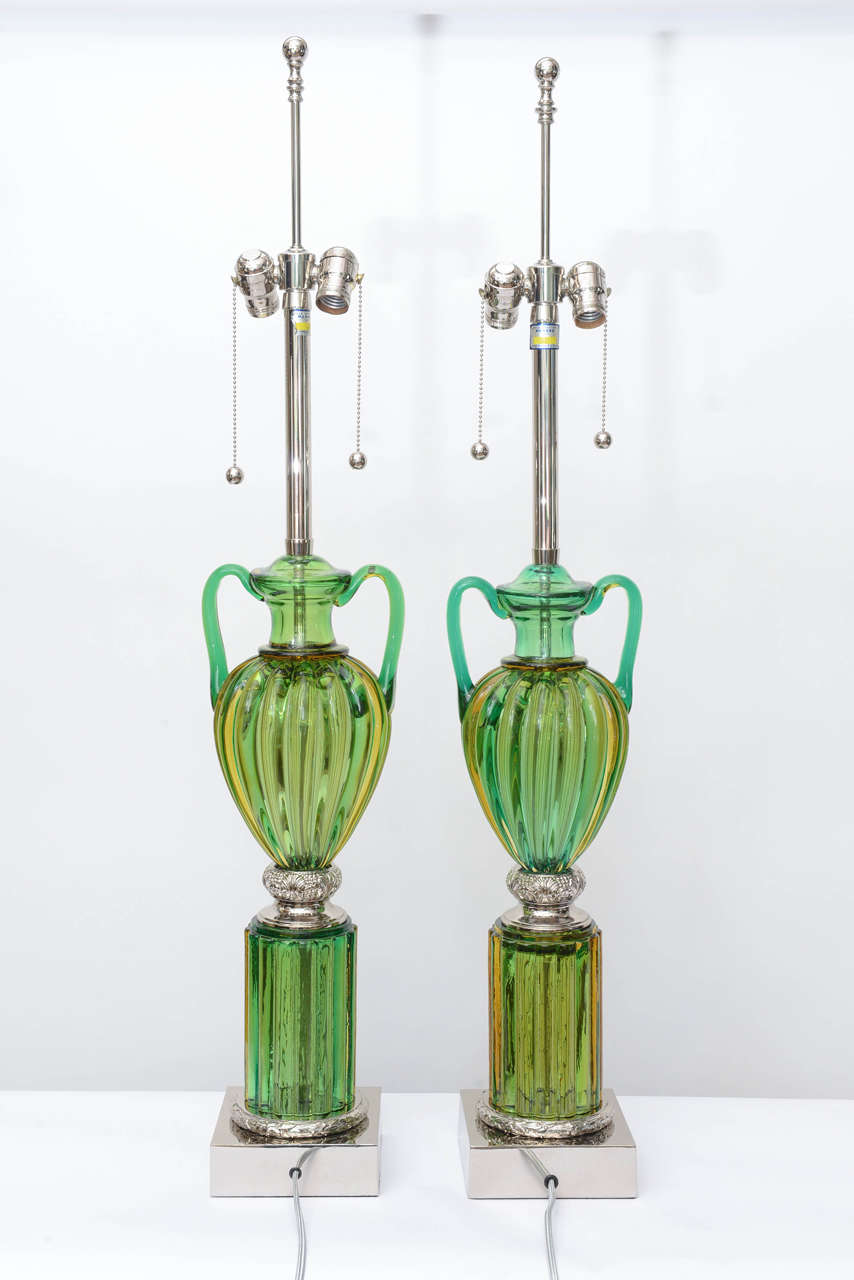 Murano Glass Pair of Vintage Murano Emerald Green Glass Lamps by Marbro