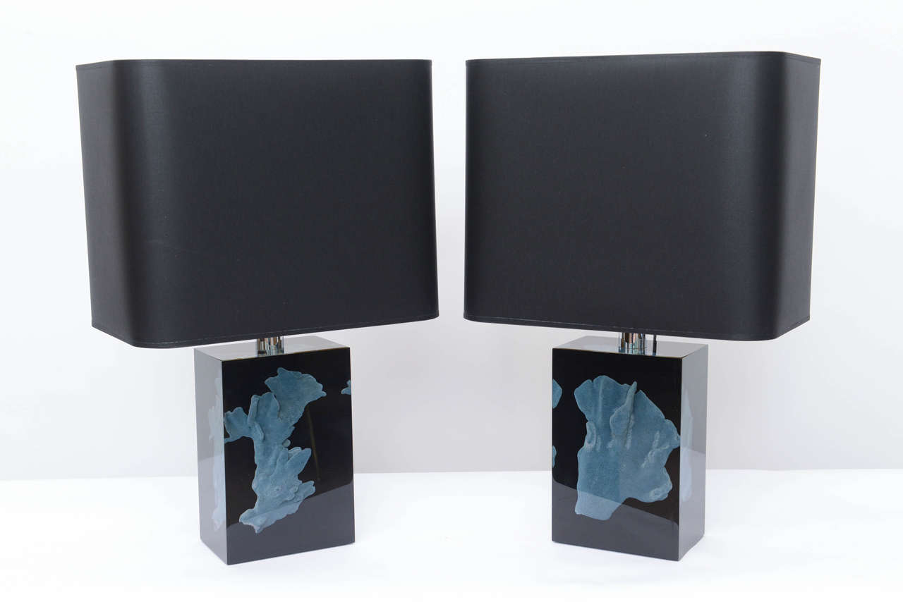 Beautiful blue coral specimens encased in thick lucite table lamps.  Custom shades included. Lucite: 9