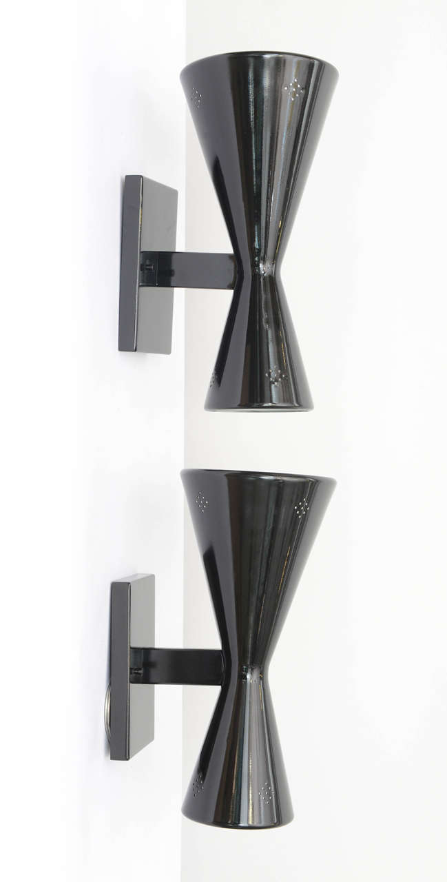 American Pair of Black Double Cone Sconces