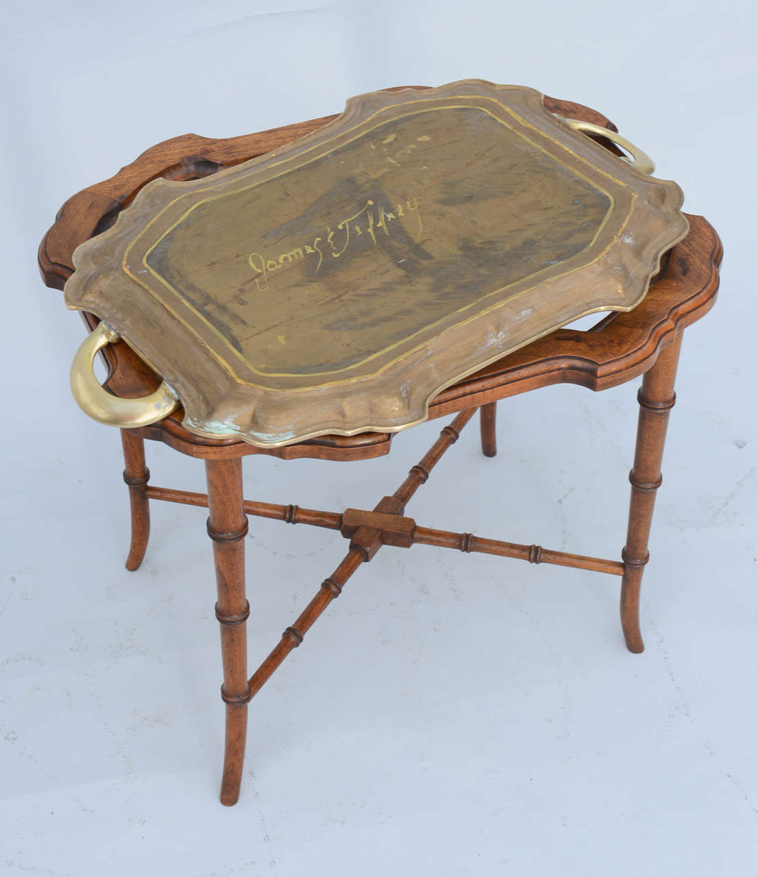 British Brass Tray on Faux Bamboo Table Base