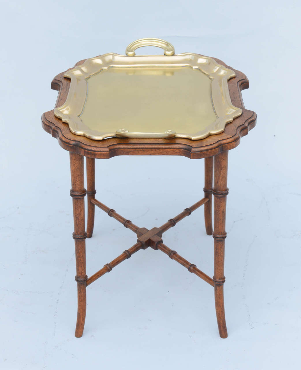 Brass Tray on Faux Bamboo Table Base In Excellent Condition In West Palm Beach, FL