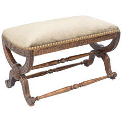 Carved Walnut 19th Century X-frame Bench