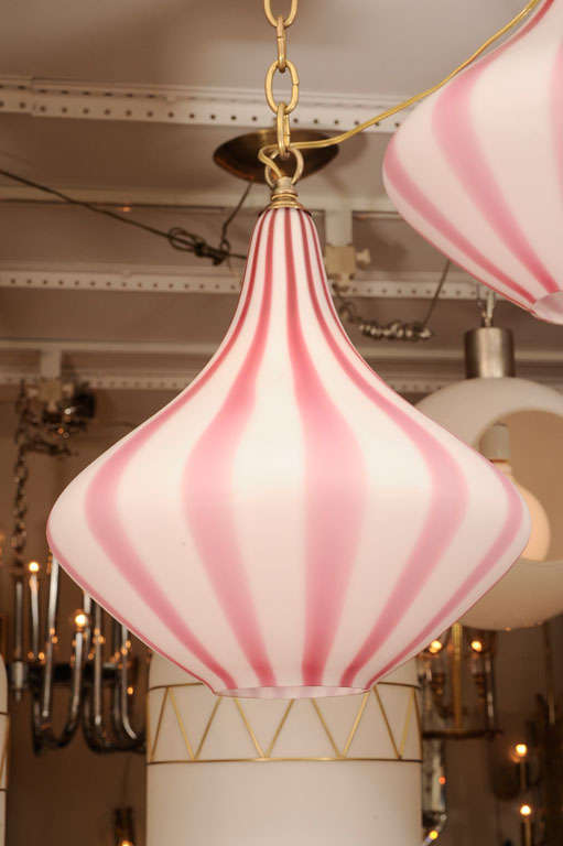 White glass pendant with pink stripes by Venini at 1stdibs