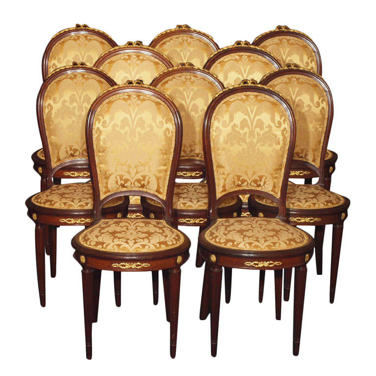 Set of 12 Antique French Mahogany Dining Room Chairs.