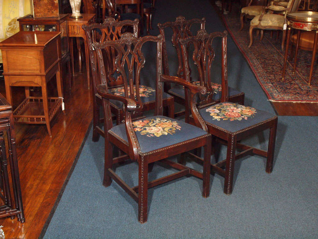 Set of 8 Antique English, Chippendale-Style, Mahogany Dining Room Chairs -6 Side Chairs and 2 Armchairs - with Needlepoint Seat Covers.