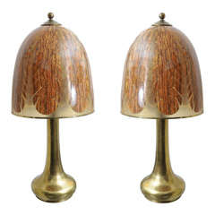 Pair of Monumental Brass Table Lamps w/Unique Acrylic Shades