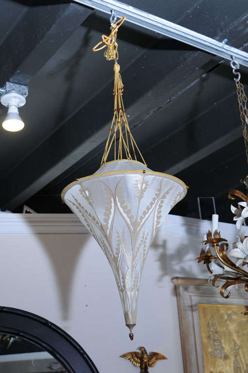 Elegant and unique ceiling fixture, handmade with exquisite Fortuny silk fabric.