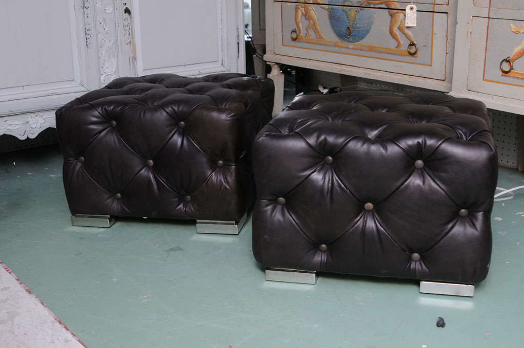 Pair Black tufted all Leather Square Stools