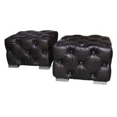 Pair Black tufted all Leather Square Stools