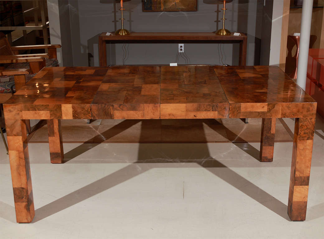 Fantastic Paul Evans patchwork dining table, for the Directional furniture line, with two large leaves.  Fully extended, table measures 68