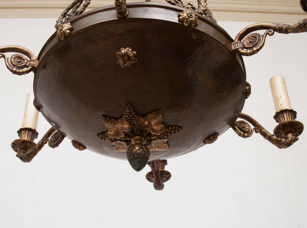 Six-Light Empire Style Gilt Brass Chandelier with Hand-Hammered Copper Bowl In Excellent Condition In Alexandria, VA