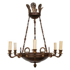 Six-Light Empire Style Gilt Brass Chandelier with Hand-Hammered Copper Bowl