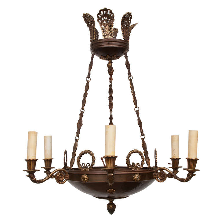 Six-Light Empire Style Gilt Brass Chandelier with Hand-Hammered Copper Bowl