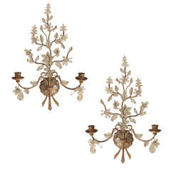 A Graceful Pair of Gilded Wrought-Iron and Glass Sconces