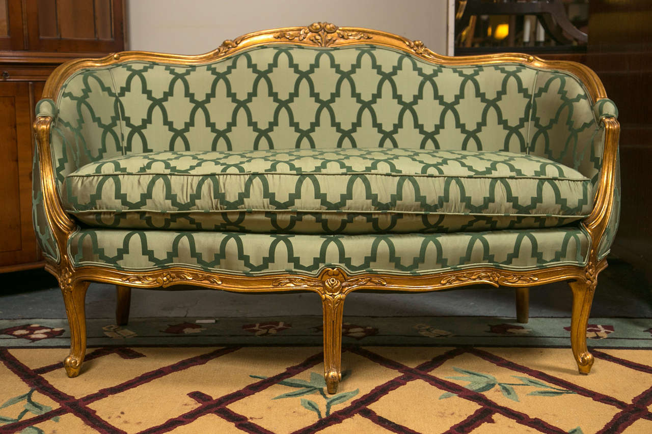 Magnificent down cushioned Louis XV styled Maison Jansen attributed settee covered in crisp Dupioni fabric with two entangled cocoons- silk and velvet. The base of silk and the weave of velvet design is exquisitely done as you can see in image 2 - a