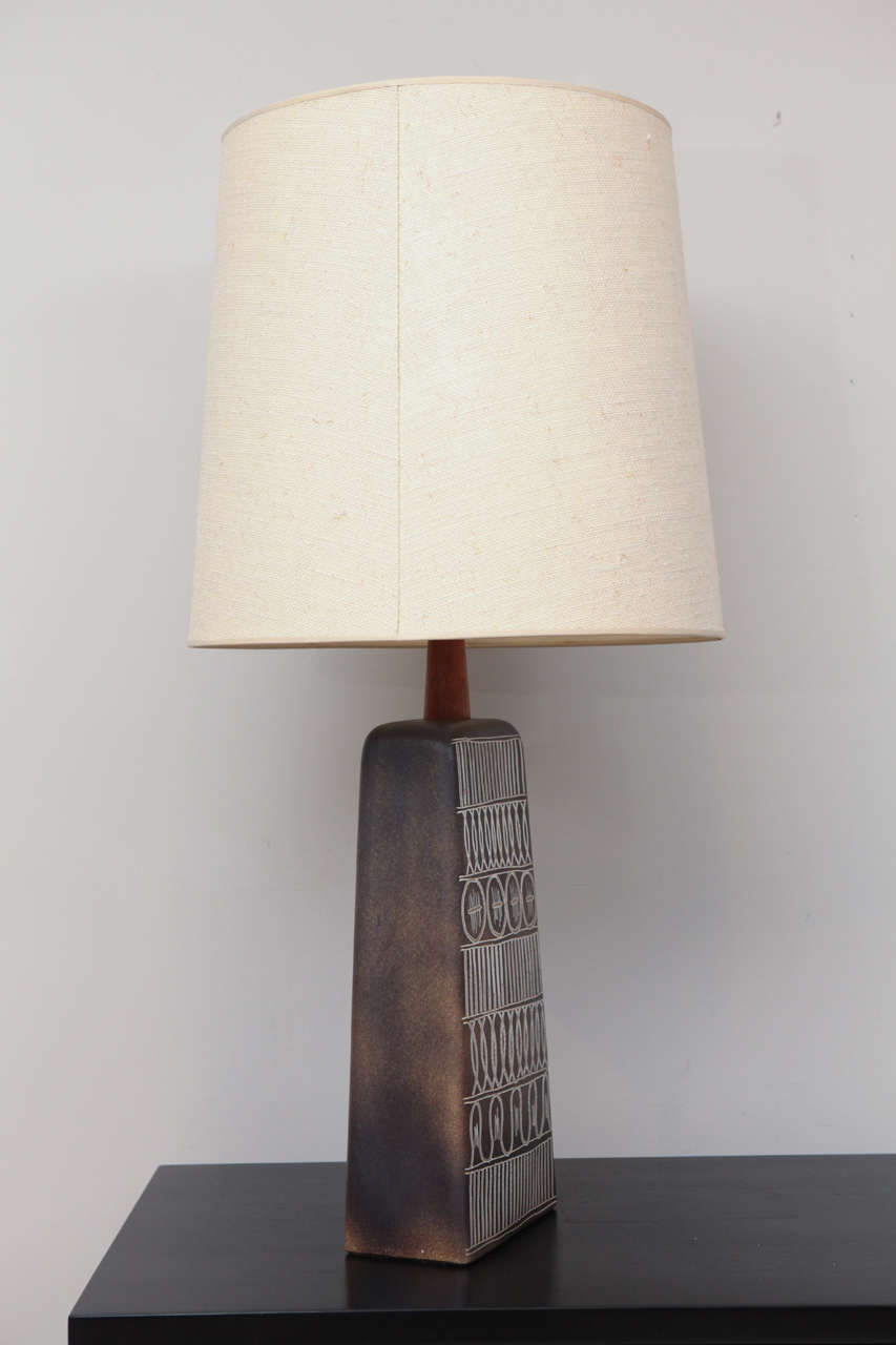 Mid-20th Century Martz Studio Large Ceramic Lamp with Incised Sgraffito Glaze