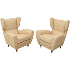 Pair of Raffia Upholstered Midcentury Italian Wing Chairs
