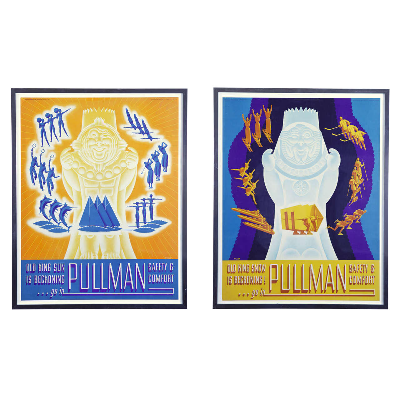 Pair of Original Art Deco 1936 Pullman Seasonal Travel Posters by William Welsh