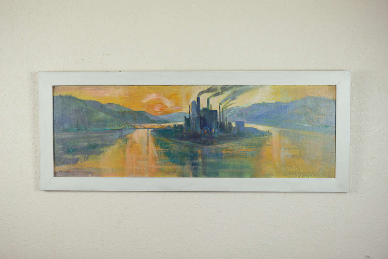 Art deco styled machine age representation of floating river-island factory.