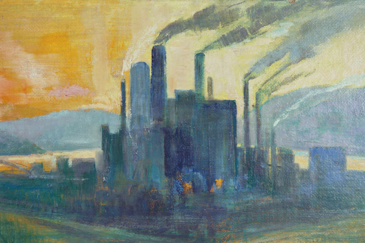 Large Framed Wpa Oil On Board Factory Painting For Art Deco Large Framed Wpa Oil On Board Factory Painting For