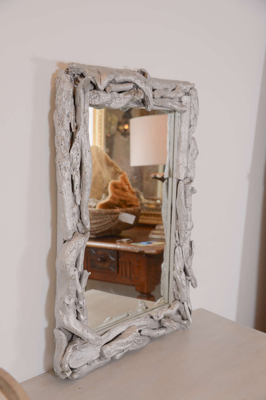 Vintage Silver Leafed Driftwood Frame Mirror For Sale at 1stdibs