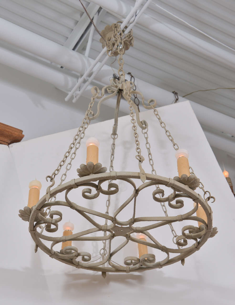 Pale Green Painted Round Iron Chandelier In Good Condition In Houston, TX