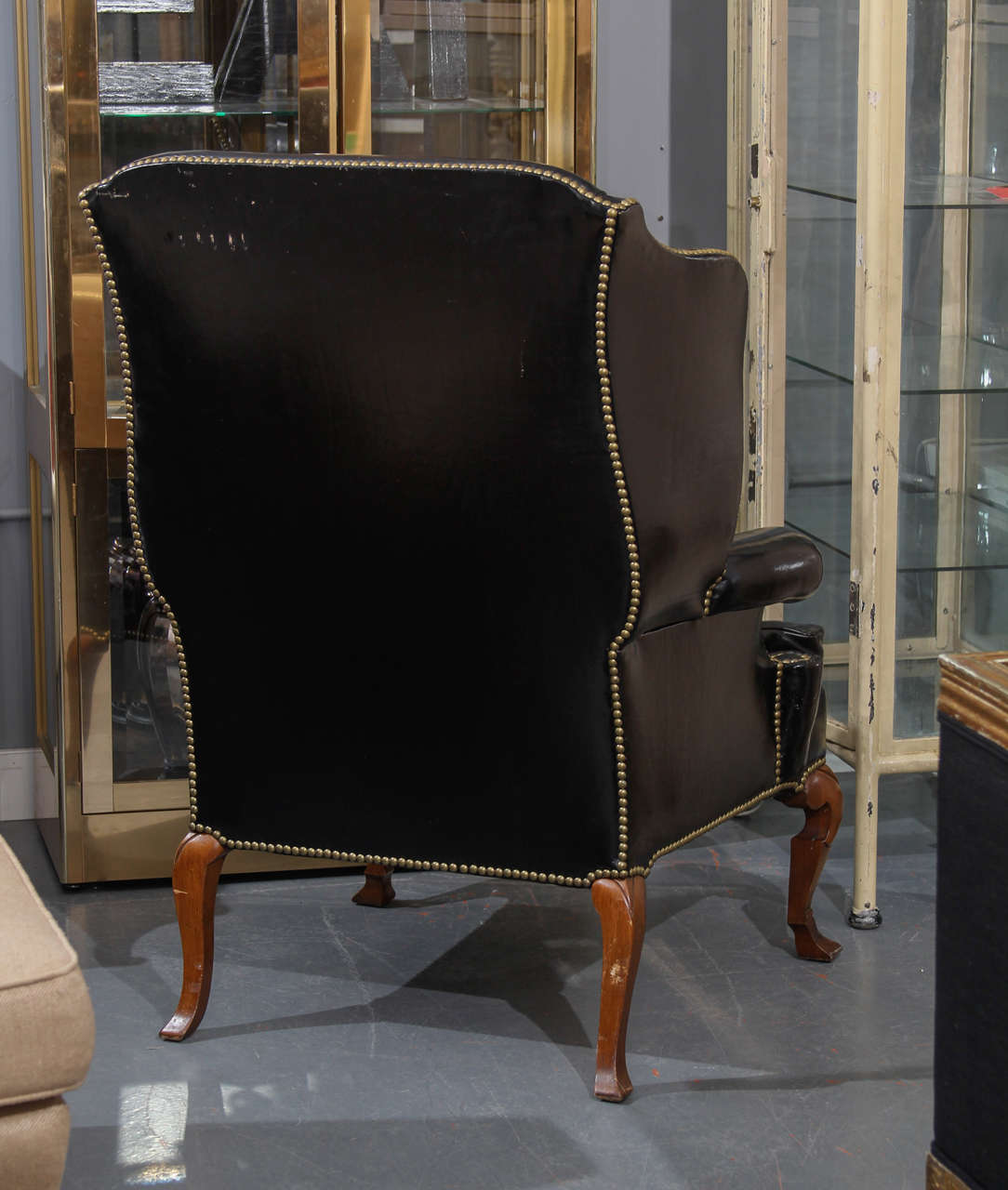 Mid-20th Century Black Leather Wing Chair