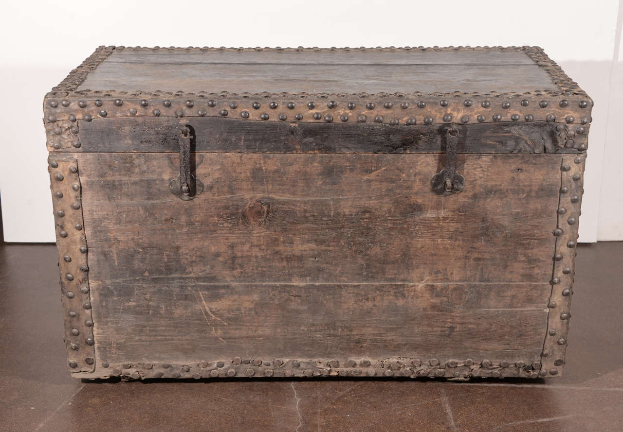 18th Century and Earlier Antique Travel Trunk in Elm with Original Paint Patina