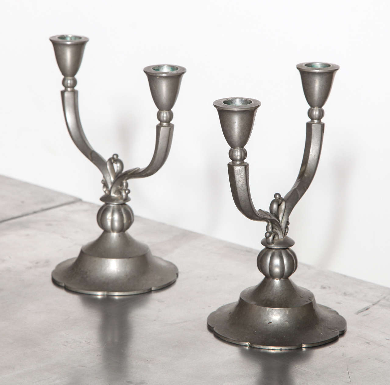 Scandinavian Modern Pair of Just Andersen Crested Double Arm Pewter Candlesticks, 1929 For Sale