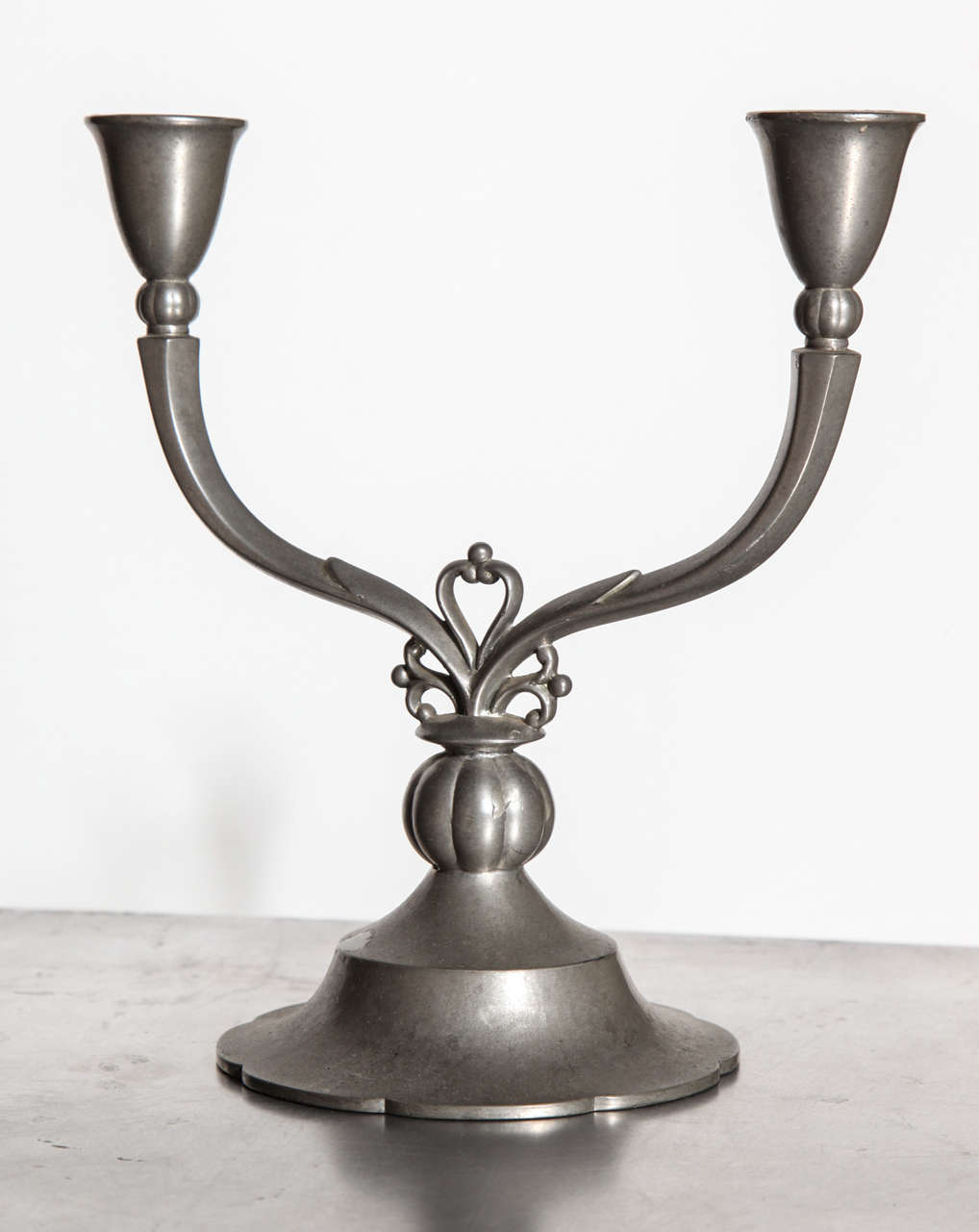 Danish Pair of Just Andersen Crested Double Arm Pewter Candlesticks, 1929 For Sale