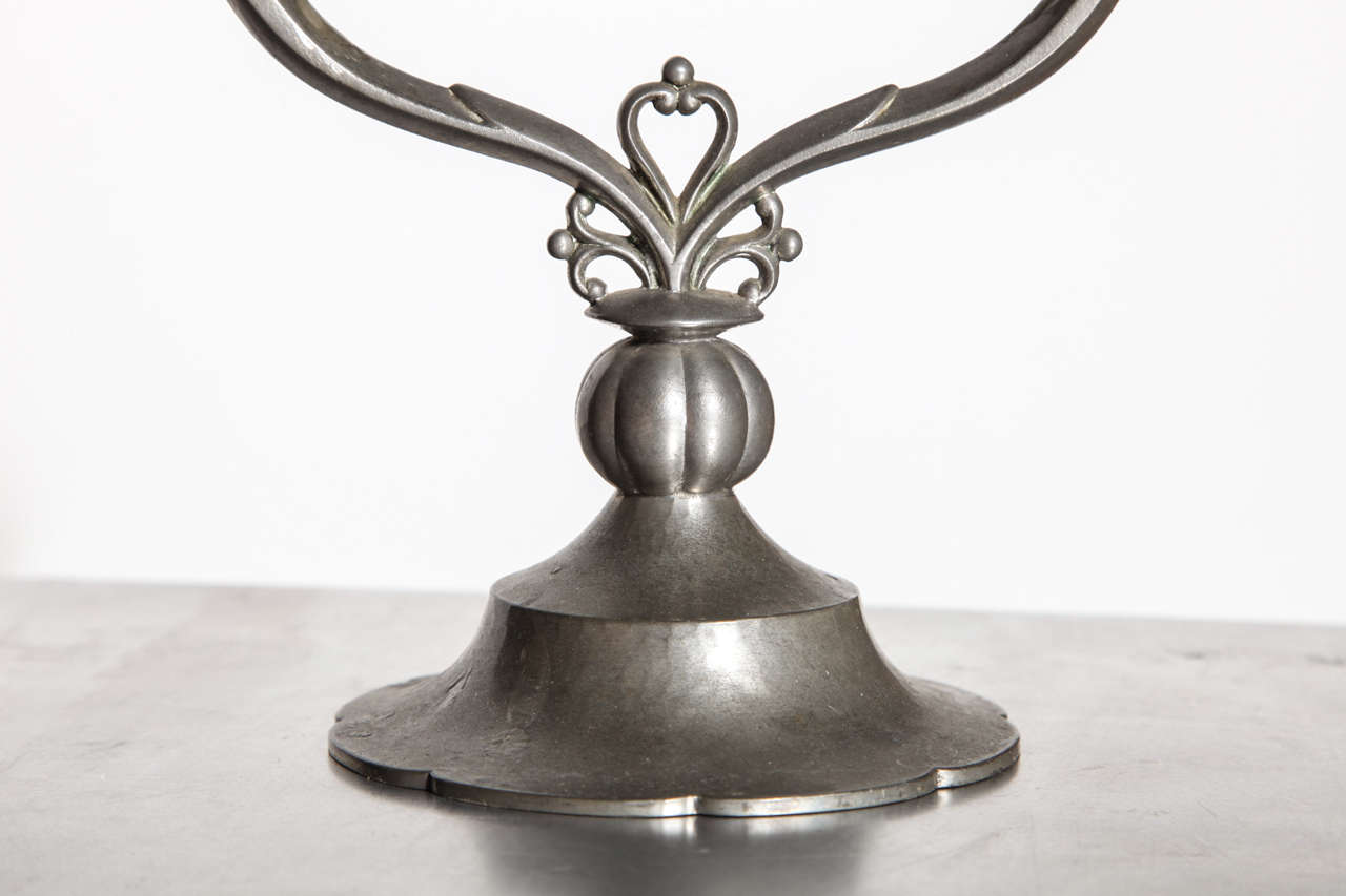 Early 20th Century Pair of Just Andersen Crested Double Arm Pewter Candlesticks, 1929 For Sale